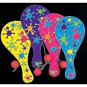 12 Wooden Neon Paddleball Games - great kids game party favors for Birthday or LUAU