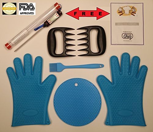 Silicone Gloves BBQ/Kitchen/Oven/Smoker/Gift Set 6pc+2FREE #1 Heat Resistant Bundle includes Solid Basting Brush/Thick Trivet/Pr Meat Claws + 2BONUSES: LCD Thermometer14.95value +Grilling eGuide(Blue)