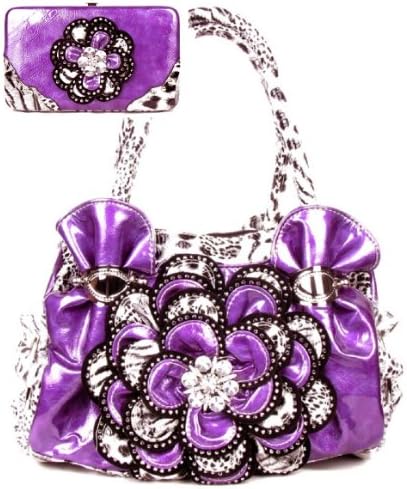 Leopard Rhinestone Flower Fashion Handbag Purse with Matching Wallet Set (PURPLE)