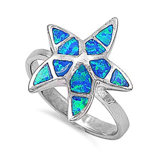 Rhodium Plated Sterling Silver Wedding & Engagement Ring Blue Opal Starfish Ring 18MM ( Size 5 to 10)