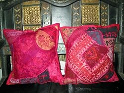 2 Pink Gujrati Embroidered Sari Toss Pillow Cushion Covers Free Shipping