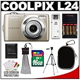 Nikon Coolpix L24 Digital Camera (Silver) with 16GB Card + Case + (4) Batte ....