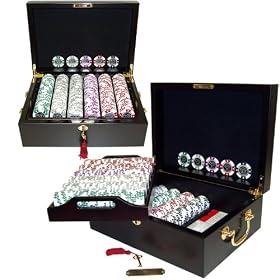 500 12.2 Gram Clay Coin Inlay Poker Chips w Mahogany Case by 