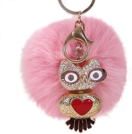 SZTALE Keychain Owl Rabbit Fur Pearl Rhinestone for Car Handbag Ornaments Pink