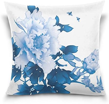 JARMEOS DIY Cotton Linen Square Vintage Throw Pillow Case Shell Decorative Cushion Cover Home Sofa Bed Blue and White Porcelain (Flower And Bee) 18 X 18 Inches
