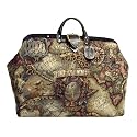 ArtisanStreet's Magellan's Quest Map Carpet Bag with Detachable Shoulder Strap. Bag Displays Historical 1600's Map Design. Map Features Soft Rust, Loden Green & Tan on a Light Brown Background. Use as an Overnight Bag or Even as a Briefcase.