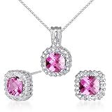 Celebrity Inspired 4.50 carats Cushion Checkerboard Cut Created Pink Sapphire Pendant Earrings Set in Sterling Silver