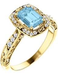 18K Yellow Gold 7.00x5.00mm Emerald Cut Aquamarine and Diamond Ring -- LIFETIME WARRANTY
