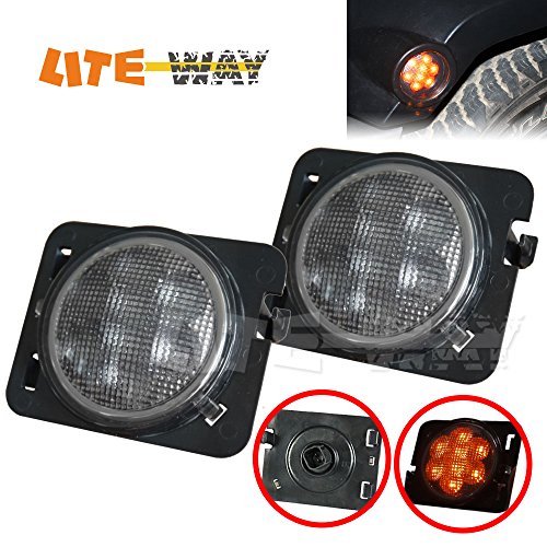 LITE-WAY (Pack of two) Jeep Wrangler JK 07-16 Front Fender Amber LED Side Marker Lights Parking Turn Lamp Bulb Indicator Lens