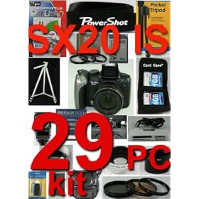 NEW Canon PowerShot SX20 IS SX20IS 29 PIECE PRO KIT with usb cable , video cable , software , battery , Owners manual , 5 Years Extended Warranty parts and labor ,3 Piece Lens Cleaning Kit , ,Card case Holds 3 cards , Table top Tripod ultra compact with flexible wire leg , LCD protector ,Soft case ,High Speed card Reader ,16GB SD High Speed Memory Card ,Canon Strap ,Full Size Tripod ,Deluxe Camera Bag ,External Flash ,Set Of 3 high resolution filters, Lens / Filter Tube Adapter, 2X High Resolution Super Telephoto lens, 0.45X High Resolution wide angle Lens, Macro lens Kit, Neoprene Wrist Strap, POP -UP Flash Diffuser, Lens Hood, Extra High Capacity Battery With rapid Charger, Cap Keeper, Rain sleeve ,Professional Dust Blower, Tripod Bag , Adjustable Hand strap , Spider Flexible 7