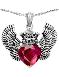 Genuine TRUE LOVE (tm) 925 Sterling Silver Created Ruby Heart With Crown and Angel Wings Pendant