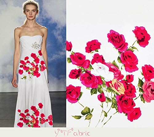 Rose Print White Silk Charmeuse Fabric, Floral Silk Satin Fabric By the Yard