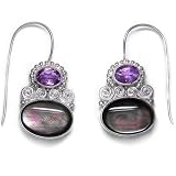 Sterling Silver Black Mother-of-Pearl and Faceted Amethyst Latch-back Earrings by Sajen