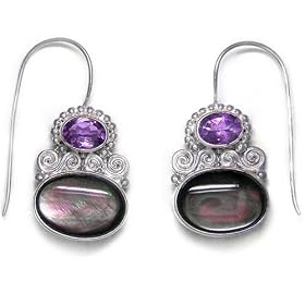Sterling Silver Black Mother-of-Pearl and Faceted Amethyst Latch-back Earrings... by Black Pearl Jewelry