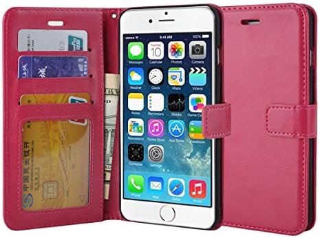 Roll over image to zoom in iPhone 6 Plus Case,FOLOK Fashion Pu Leather Magnet Wallet Credit Card Holder Flip Case Cover with Built-in 3 Card Slots for iPhone 6 Plus 5.5" Inch (Rose-Red)