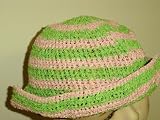 Ht78x, Hand Crocheted Pink and Lime Color Rayon Cotton Gimp Stripe Floppy Hat for Children Teens and Women