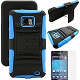MINITURTLE, Rugged Hybrid Dual Layer Armor Phone Case Cover with Built in Kickstand, Swiveling Holster Belt Clip, and Clear Screen Protector Film for Android Smartphone Samsung Galaxy S2 II Attain SGH-I777 AT&T / Prepaid Straight Talk SGH-S959G (Black / Blue)
