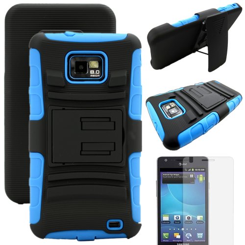 MINITURTLE, Rugged Hybrid Dual Layer Armor Phone Case Cover with Built in Kickstand, Swiveling Holster Belt Clip, and Clear Screen Protector Film for Android Smartphone Samsung Galaxy S2 II Attain SGH-I777 AT&T / Prepaid Straight Talk SGH-S959G (Black / Blue) MINITURTLE, Rugged Hybrid Dual Layer Armor Phone Case Cover with Built in Kickstand, Swiveling Holster Belt Clip, and Clear Screen Protector Film for Android Smartphone Samsung Galaxy S2 II Attain SGH-I777 AT&T / Prepaid Straight Talk SGH-S959G (Black / Blue)