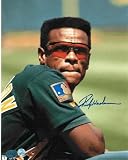 Autographed Rickey Henderson Oakland Athletics Green Jersey 8x10 Photograph
