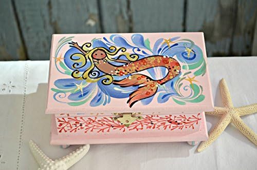 Artisan Shell Pink Mermaid box Hand Painted with ball feet. OOAK. Quote inside 'you are my sunshine' . Coral shells &amp; starfish around the sides