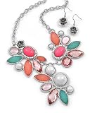 Silvertone Acrylic and Faux Pearl Flower Necklace and Earrings Set