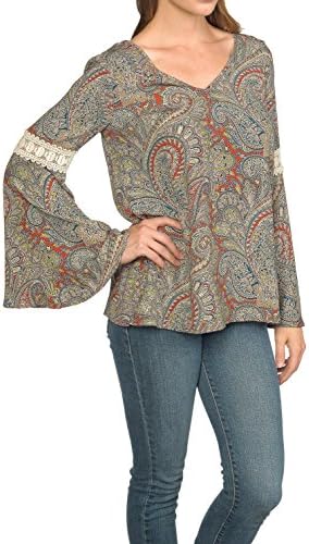 FLARE SLEEVE LOOSE FIT TOP, PAISLEY PRINT BLOUSE WITH LACE TRIM Y4R201 Large RUST