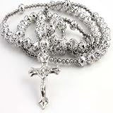 CATHOLIC CRUCIFIX PLATINUM DIAMOND CUT BEAD ROSARY SILVER DESIGN FINISH NECKLACE 40