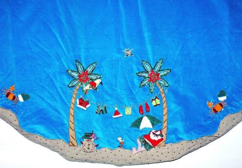 Tropical Beach Santa Scene Christmas Tree Skirt Velvet