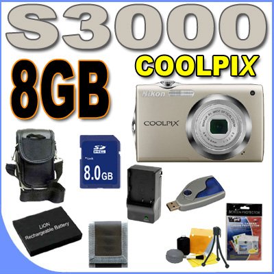 Nikon Coolpix S3000 12 MP Digital Camera w/4x Optical VR Zoom (Silver) BigVALUEInc Accessory Saver 8GB Battery Bundle