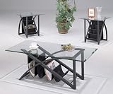 3pc Matte Black Metal Coffee & 2 End Tables Set w/Magazine Rack Storage
