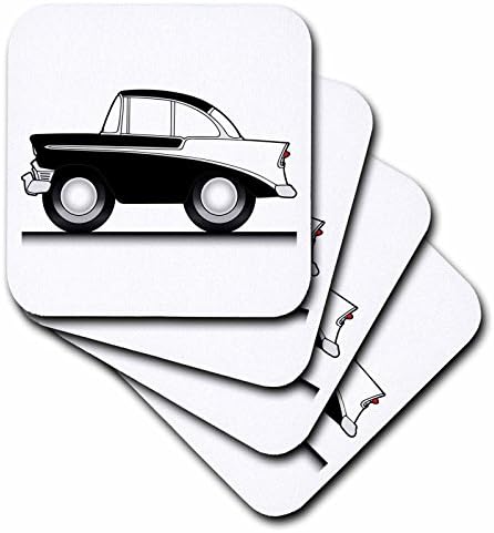 Mark Grace CARTOON CARS 1956 chev - bowtie classic car cartoon, black on white 1956 tri-five, on the street - set of 4 Ceramic Tile Coasters (cst_81020_3)
