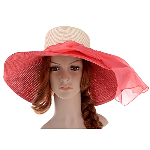 Vbiger Anti-uv Straw Large Wide Brim summer Beach Sun Hat With Bowknot (Watermelon Red)