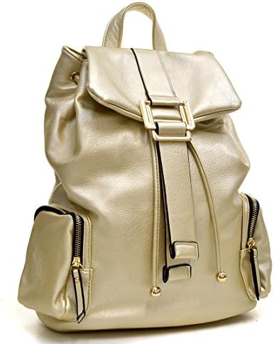 Dasein Faux Leather Convertible Drawstring Fashion Backpack Purse with Side Pockets - Gold