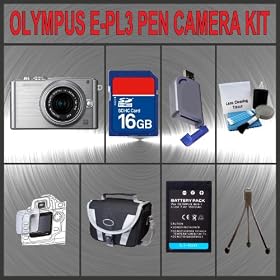 Olympus PEN E-PL3 Digital Camera (Silver) W/14-42mm Lens + Huge Accessories Package Including 16GB SDHC Memory Card + High Capacity PS-BLS-1 Replacement Lithium-Ion Battery + Replacement Lithium-Ion Battery + Hi-Speed SD Card Reader + Carrying Case + Table Top Tripod + Lens Cleaning Kit + LCD Screen
