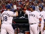 San Francisco Giants v Texas Rangers, Game 3: Mitch Moreland,Bengie Molina Photographic Poster Print by Elsa ., 12x16