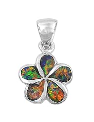 Sterling Silver Black Fire Lab Opal Hawaiian Plumeria Flower Pendant and Necklace (16mm)
