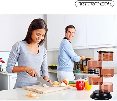 Arttranson® Condiment Organizer Spice Bottles Kitchen Art Storage Rotating Spice Jars Racks with 5-piece Seasoning Box (Coffee)