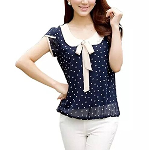 KaKing Women Ladies Chiffon Dot Doll Collar Short Sleeve Tops Blouse