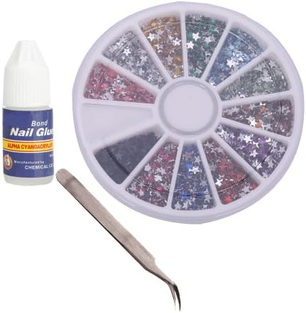 Olymstore(TM) 3000pcs 2mm 12 Color Nail Art Rhinestones Glitter Tips Five-pointed Star Shape Deco + Wheel + Tweezer + Nails Strong Glue
