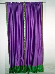 2 Lavender India Art Silk Sari Curtains with Jungle Green Border 96"