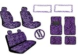 New Premium Style Purple Zebra 17pc Low Back Front Seat Covers with Head Rest, Bench Seat Cover with Head Rest, Steering Wheel Cover with Shoulder Pads, 4pc Front and Back Floor Mats, 2 License Plate Frames