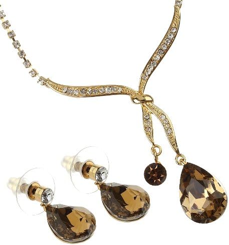 Swarovski crystals jewellery set, Knot Design (Love), Pear drop CZ crystal hang from fine Swarovski crystals inlaid knot. A delicate swarovski crytstals cup chain jewellery set. Dangling Pear drop earrings match. A amazing price! 3 colour options ;Topaz, Deep Turquoise & Lt Siam Red on 14K Gold or Rhodium, Choose colour option in "Metal Type" drop box below.