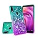 Alcatel 3V 2019 Case, with [Tempered Glass Screen Protector] Diamond Quicksand Cute Phone Cover - Purple on Teal