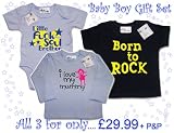 Dirty Fingers Baby Boy Gift Set Little Funk Soul Brother Bodysuit/Babygrow, I Love my Mummy Long Sleeve T-shirt & Born to Rock T-shirt, 3-6 months