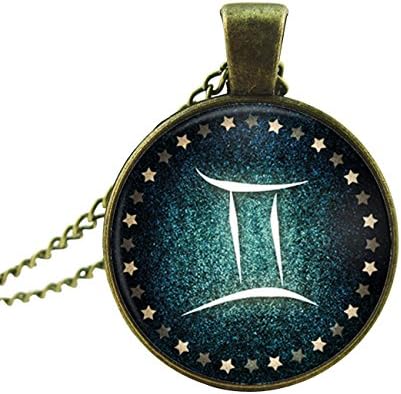 Constellation Necklace Twelve Zodiac Sign Charm Glass Pendant with Bronze Chain Necklace (Gemini)