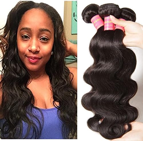 ALI JULIA Brazilian Virgin Body Wave 3 Bundles 7A Human Hair Weave Unprocessed Brazilian Hair Remy Hair Weft Extensions 95-100g/pc (8 10 12 inch, natural black color)