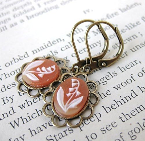 Vintage Flower Earrings Filigree Cameos Peach Ivory Lily Antiqued Brass Filigree