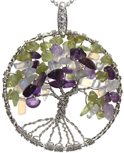 Aquamarine Tree of Life Mixed Peridot Amethyst Gemstone Jewelry Best Friend Necklace Silver Pendant Gift