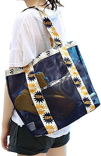 FGN beach bag, mesh beach tote bag pool handbag with pocket for women,kids toys (Navy blue)