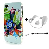 Premium Hard Design Crystal Case Snap On Cover for Apple iPhone 4 , 4th Generation, 4th Gen compatible with 16GB / 32GB – White Flower Star Bursts HD Print + Includes a eBigValue  Determination Hand Strap + Includes a Travel Home Wall Charger for iPhone 4
